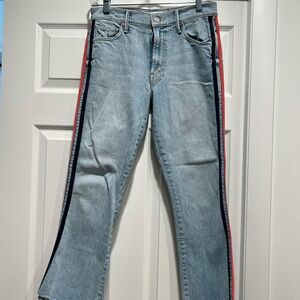 MOTHER Light Blue Flare Jeans with Red and Black Stripes